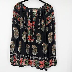 Bila Boho Paisley Floral Peasant Blouse Black Crochet Lace Tassel Top Large